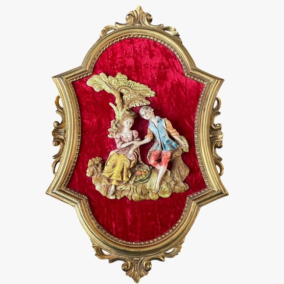 Vintage Italian Wall Plaques Romantic Couple Red Velvet Gold Frame Empire Art - Picture 9 of 12